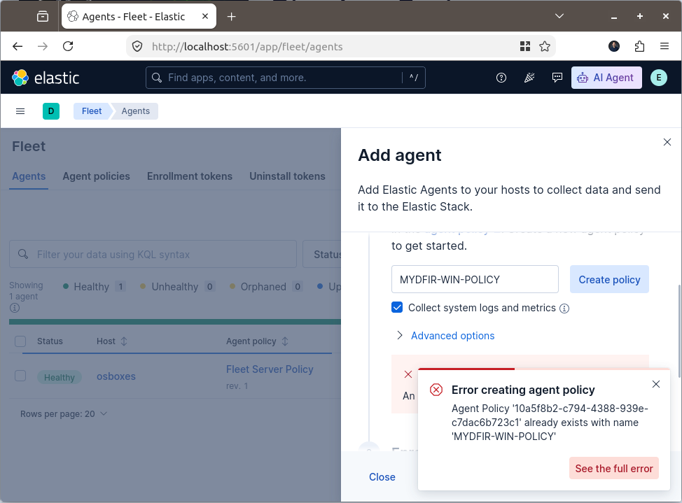 Error Creating Agent Policy